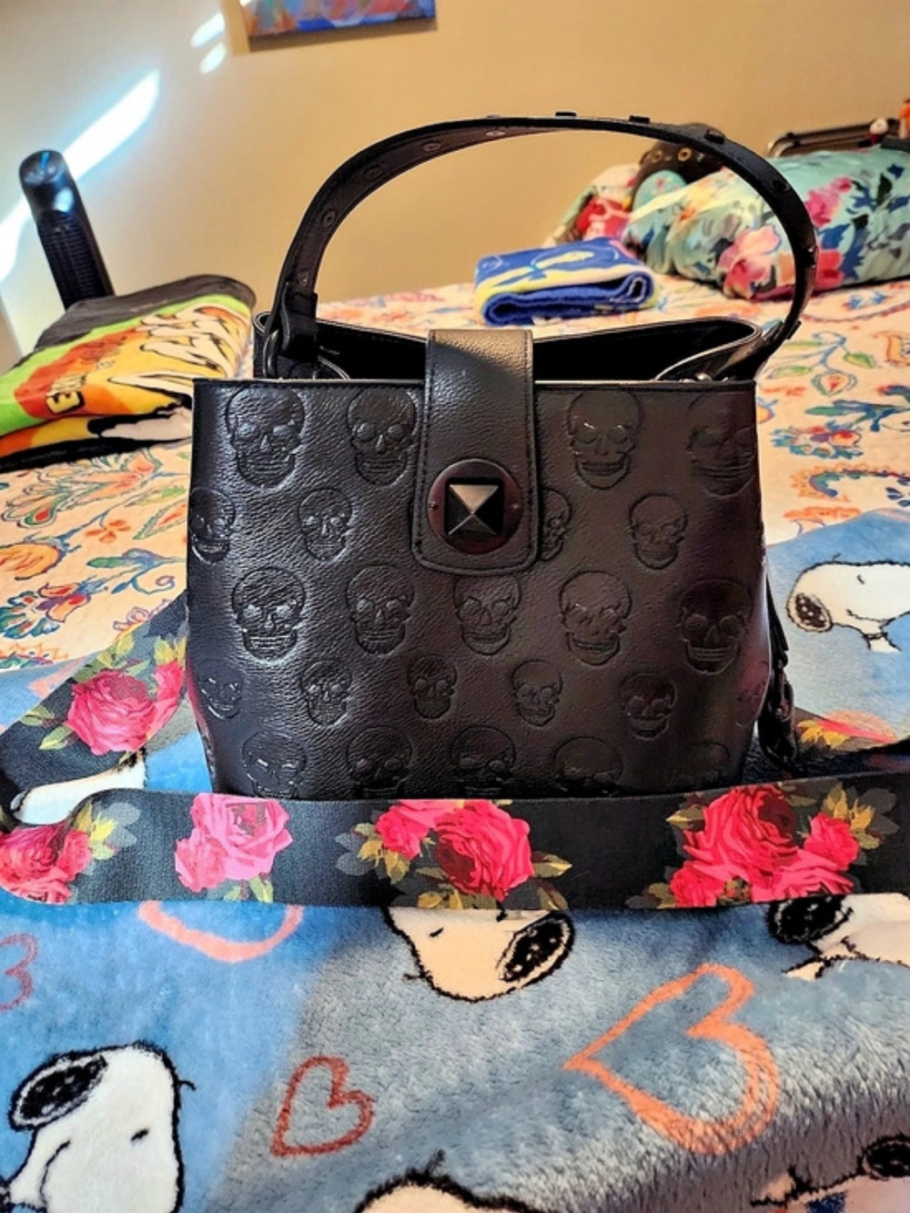Betsey Johnson Skull Embossed Bucket Bag in Black & Red